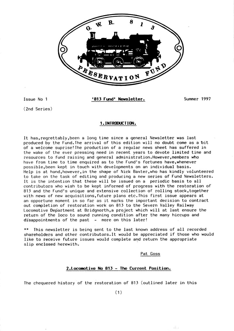 GWR 813 Fund Winter 1998 Newsletter.